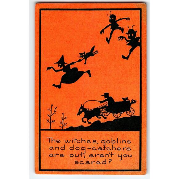 Vintage 1907-1915 Halloween Postcard Witch Goblins Dog-Catchers Whitney Orange - Picture 1 of 2